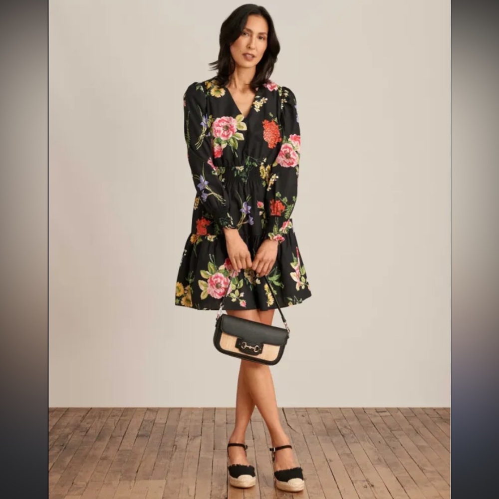 Anne Klein Black Floral Ruffled Tiered Long Sleeve Mini Dress